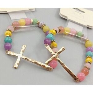 2 Cross Gold Tone Bracelet Beaded Sideway‎ Hammered Stretch Gift